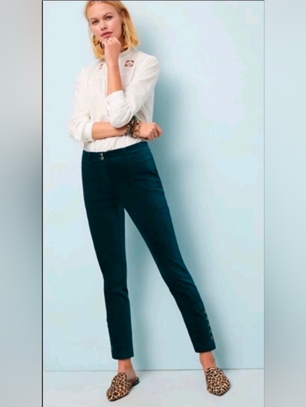 ❤️ ANTHROPOLOGIE VELVET ESSENTIAL SLIM STRAIGHT PANTS / TROUSERS, GREEN, 8 (29)